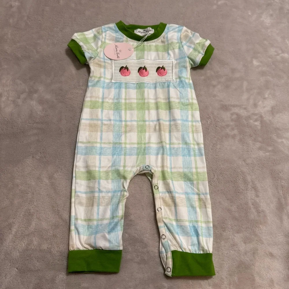 NWT Marie Nicole Romper smocked Easter peach embroidered Spring Outfit 6-12 mths